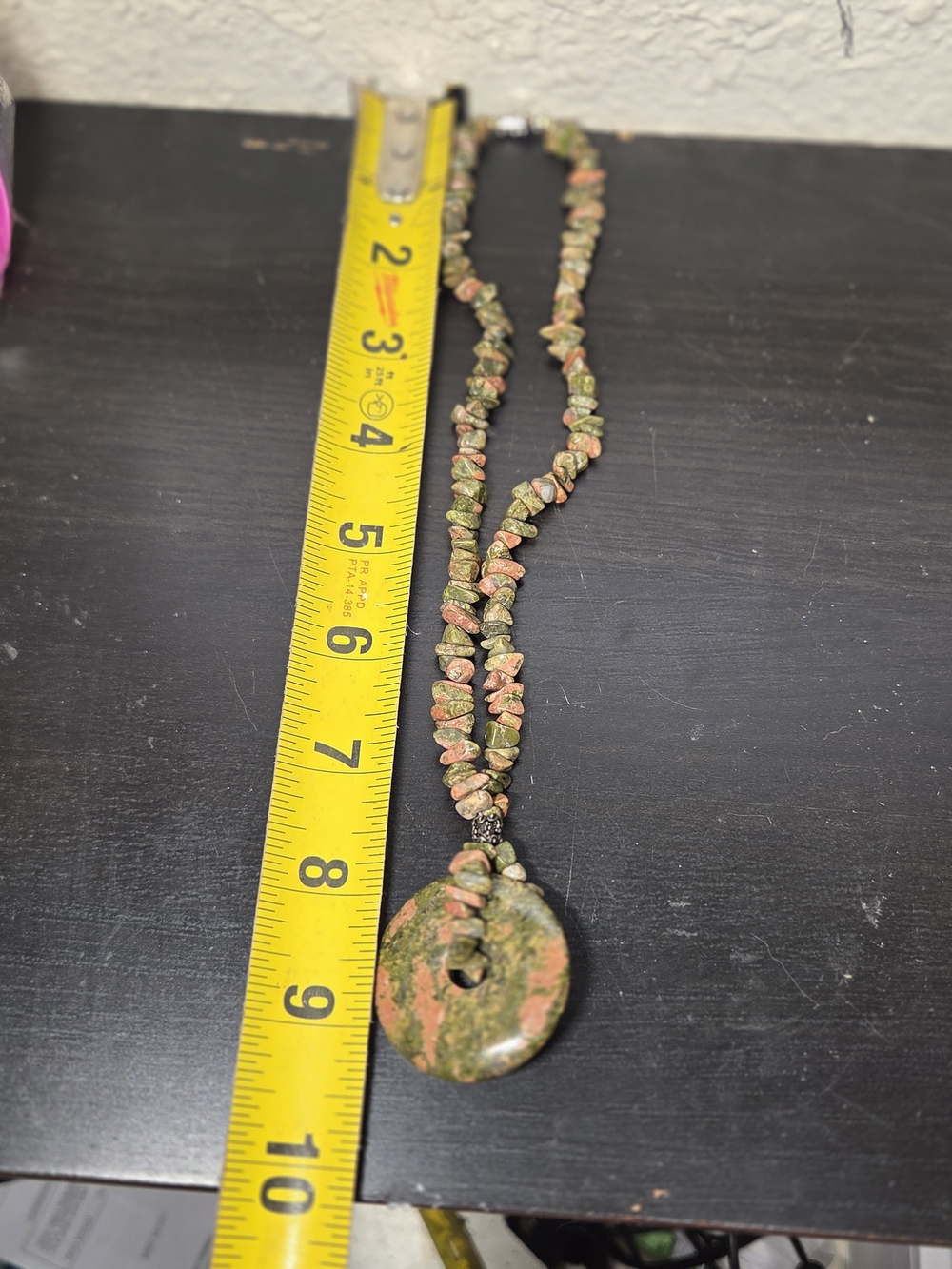 Unakite Chip Bead Necklace with Round Pendant - Green & Pink